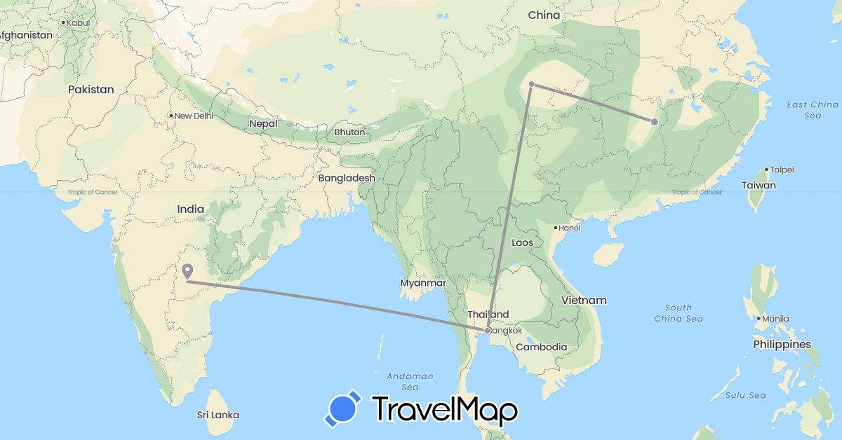 TravelMap itinerary: driving, plane in China, India, Thailand (Asia)